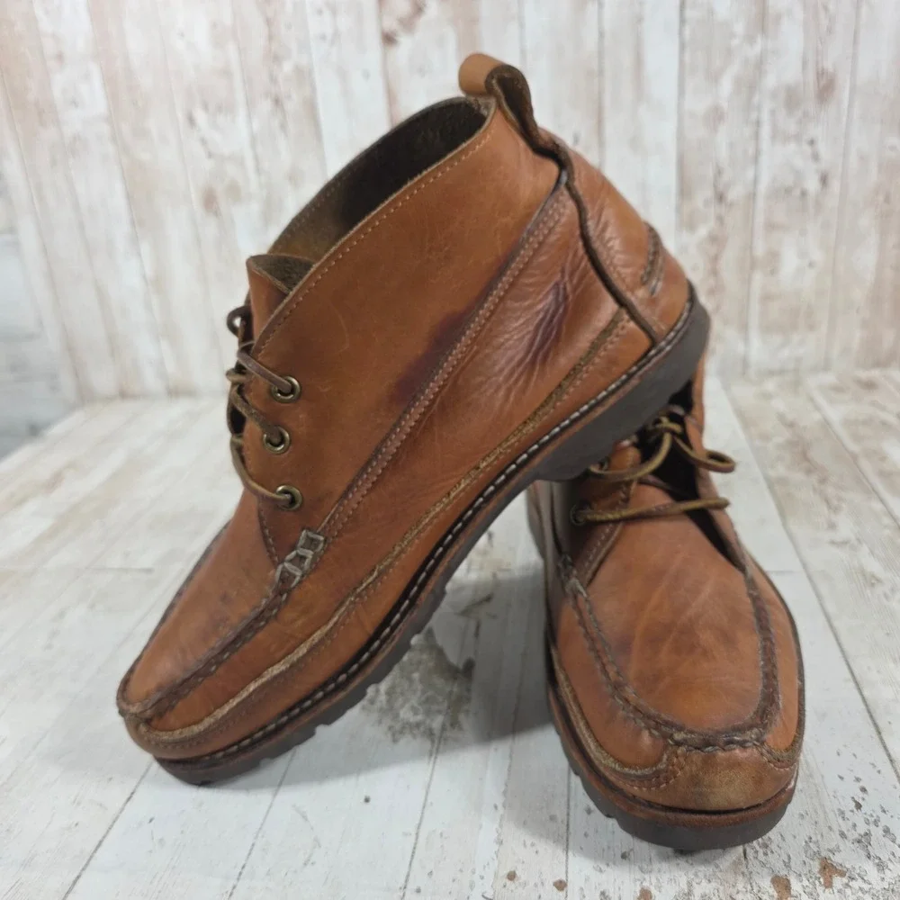 Vintage Made in USA Leather Chukka Boots Mens 10.5 D Moc Toe Vibram Gumlite Tan